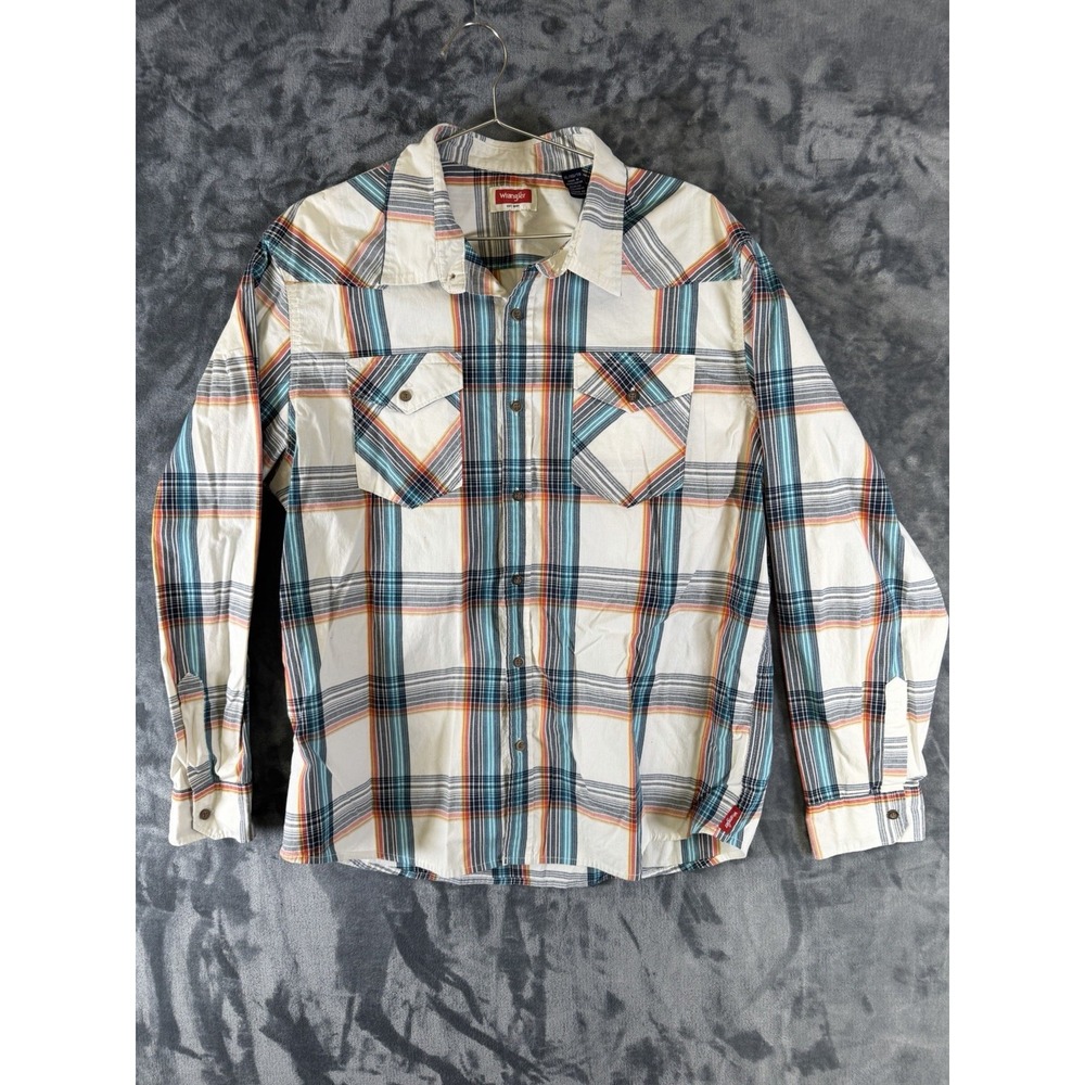 Wrangler Jeans Co Mens Large Blue White Plaid Long Sleeve Button Front Shirt XL